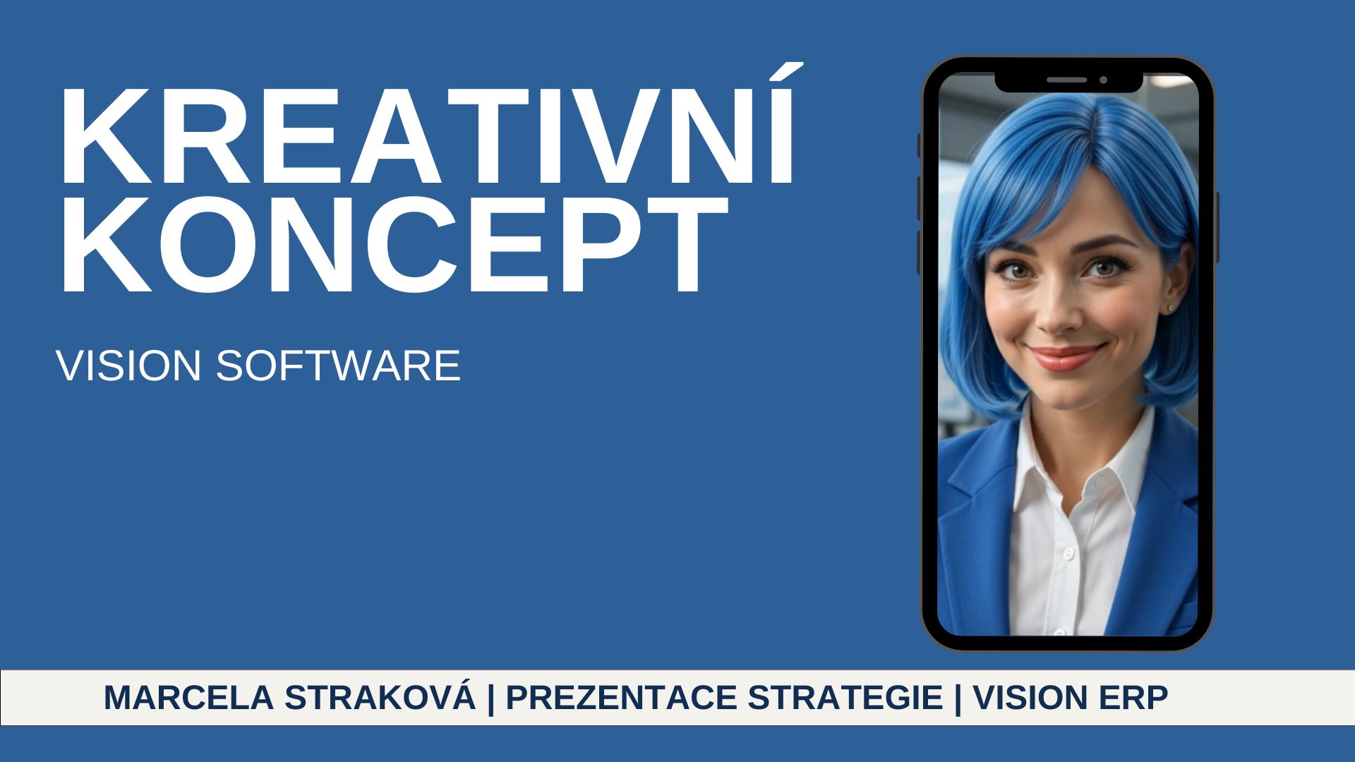 Modré promo pozadí s textem Kreativní koncept a portrétem ženy v telefonu s modrými vlasy.
